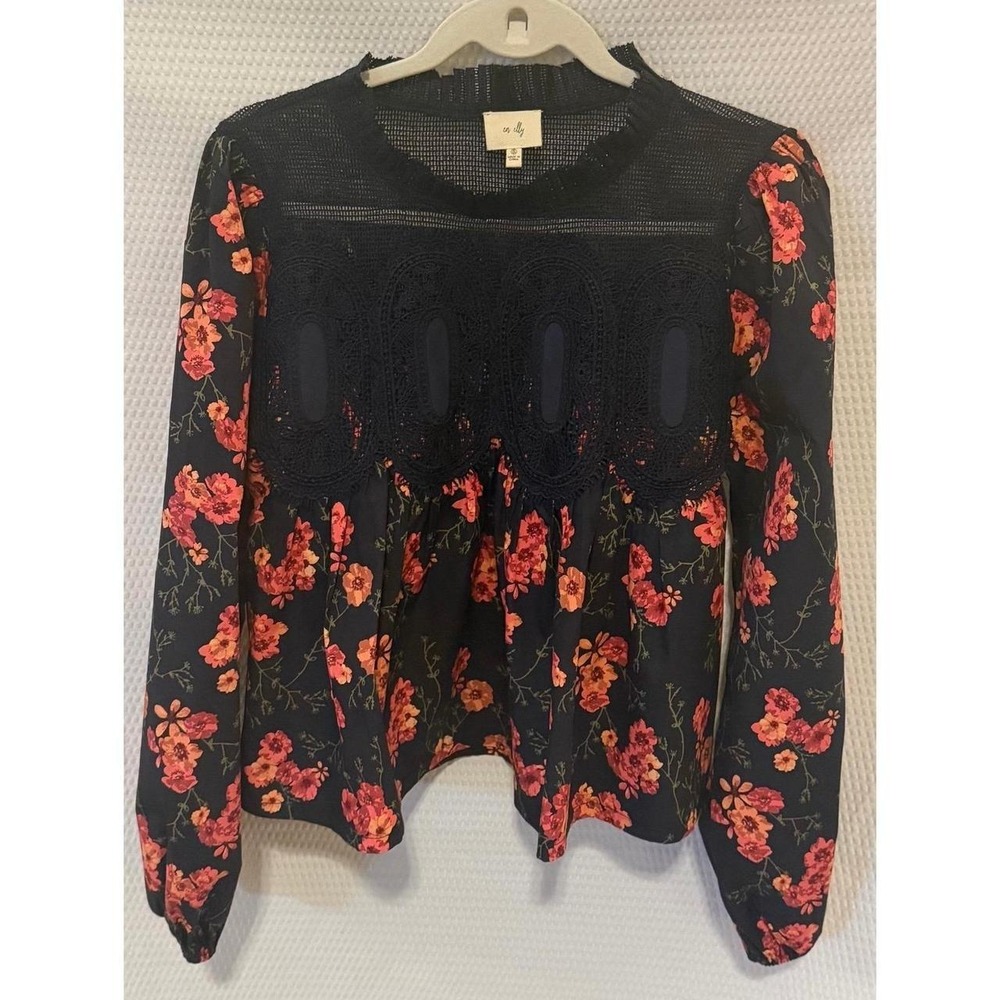 en elly Navy Floral Lace Crew Neck Long Sleeve Blouse Women Size S